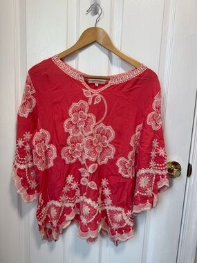 Solitaire Coral Top with Cream Floral Embroidery